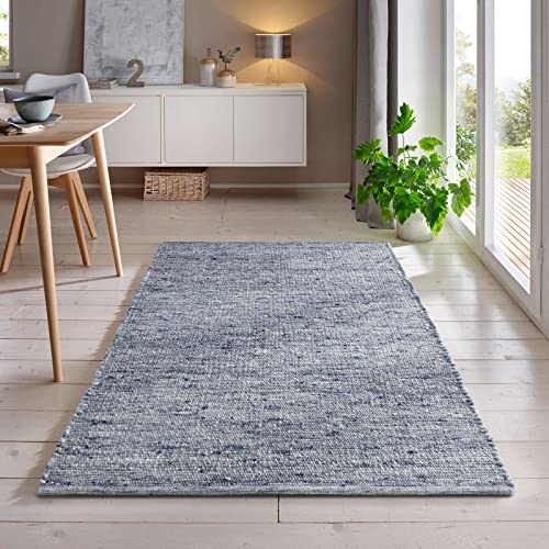 Handweb-Teppich aus Schurwolle in Skandinavischem Landhaus Design in vielen aktuellen Farben für Wohnzimmer, Esszimmer, Schlafzimmer, Flur, auch als Läufer beidseitig verwendbar blau 250x340 cm von Taracarpet