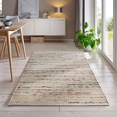 Handweb-Teppich aus Schurwolle in Skandinavischem Landhaus Design in vielen aktuellen Farben für Wohnzimmer, Esszimmer, Schlafzimmer, Flur, auch als Läufer beidseitig verwendbar bunt 060x090 cm von Taracarpet