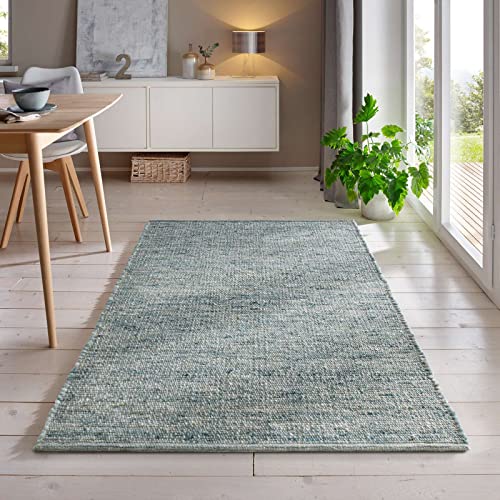 Handweb-Teppich aus Schurwolle in Skandinavischem Landhaus Design in vielen aktuellen Farben für Wohnzimmer, Esszimmer, Schlafzimmer, Flur, auch als Läufer beidseitig verwendbar grün 060x090 cm von Taracarpet