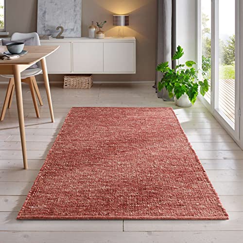 Handweb-Teppich aus Schurwolle in Skandinavischem Landhaus Design in vielen aktuellen Farben für Wohnzimmer, Esszimmer, Schlafzimmer, Flur, auch als Läufer beidseitig verwendbar rot 070x240 cm von Taracarpet