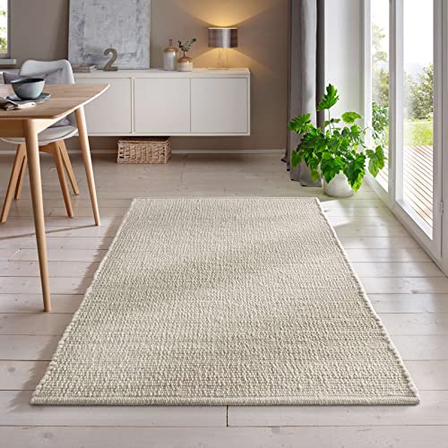 Handweb-Teppich aus Schurwolle in Skandinavischem Landhaus Design in vielen aktuellen Farben für Wohnzimmer, Esszimmer, Schlafzimmer, Flur, auch als Läufer beidseitig verwendbar weiß 070x130 cm von Taracarpet