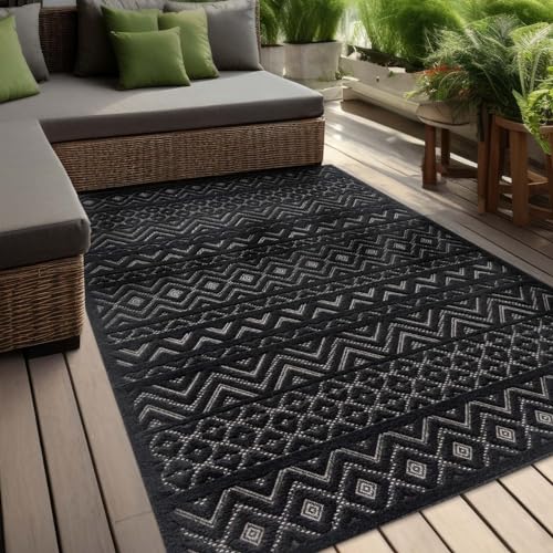 In & Outdoor Teppich Barcelona Wetterfest Balkon Boho Wohnzimmer Küche Skandinavisch Muster Einfarbig 3D Effekt Modern anthrazit Karos Zigzak 140x200 cm von Taracarpet