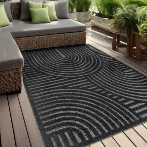 In & Outdoor Teppich Barcelona Wetterfest Balkon Boho Wohnzimmer Küche Skandinavisch Muster Einfarbig 3D Effekt Modern anthrazit Kreise Welle 240x340 cm von Taracarpet