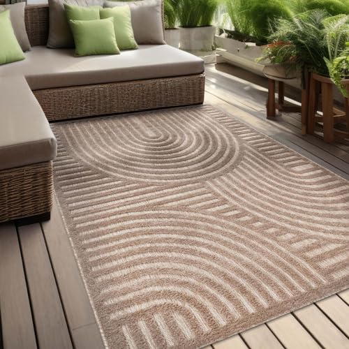 In & Outdoor Teppich Barcelona Wetterfest Balkon Boho Wohnzimmer Küche Skandinavisch Muster Einfarbig 3D Effekt Modern beige Kreise Welle 200x280 cm von Taracarpet