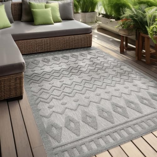 In & Outdoor Teppich Barcelona Wetterfest Balkon Boho Wohnzimmer Küche Skandinavisch Muster Einfarbig 3D Effekt Modern grau Karos Welle 140x200 cm von Taracarpet