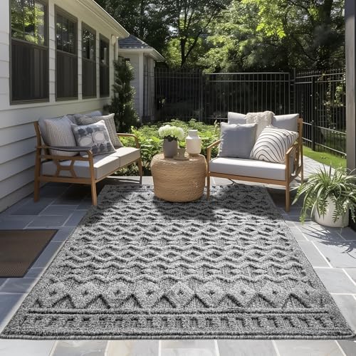 In & Outdoor Teppich Barcelona Wetterfest Balkon Boho Wohnzimmer Küche Skandinavisch Muster Einfarbig 3D Effekt Modern grau Karos Welle 200x280 cm von Taracarpet