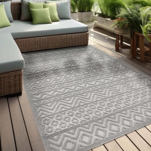 In & Outdoor Teppich Barcelona Wetterfest Balkon Boho Wohnzimmer Küche Skandinavisch Muster Einfarbig 3D Effekt Modern grau Karos Zigzak 140x200 cm von Taracarpet