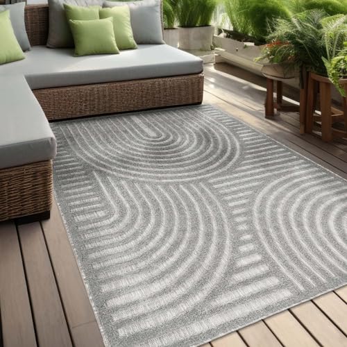 In & Outdoor Teppich Barcelona Wetterfest Balkon Boho Wohnzimmer Küche Skandinavisch Muster Einfarbig 3D Effekt Modern grau Kreise Welle 200x280 cm von Taracarpet