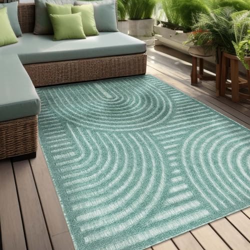 In & Outdoor Teppich Barcelona Wetterfest Balkon Boho Wohnzimmer Küche Skandinavisch Muster Einfarbig 3D Effekt Modern türkis Kreise Welle 080x250 cm von Taracarpet