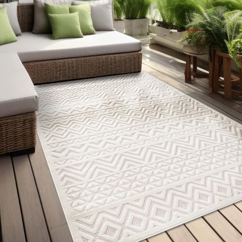 In & Outdoor Teppich Barcelona Wetterfest Balkon Boho Wohnzimmer Küche Skandinavisch Muster Einfarbig 3D Effekt Modern weiß Karos Zigzak 240x340 cm von Taracarpet