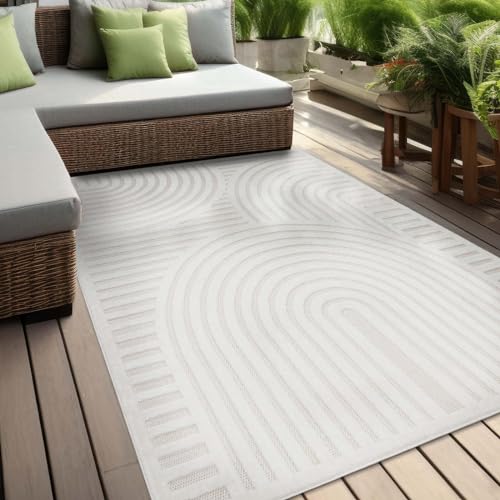 In & Outdoor Teppich Barcelona Wetterfest Balkon Boho Wohnzimmer Küche Skandinavisch Muster Einfarbig 3D Effekt Modern weiß Kreise Welle 160x220 cm von Taracarpet