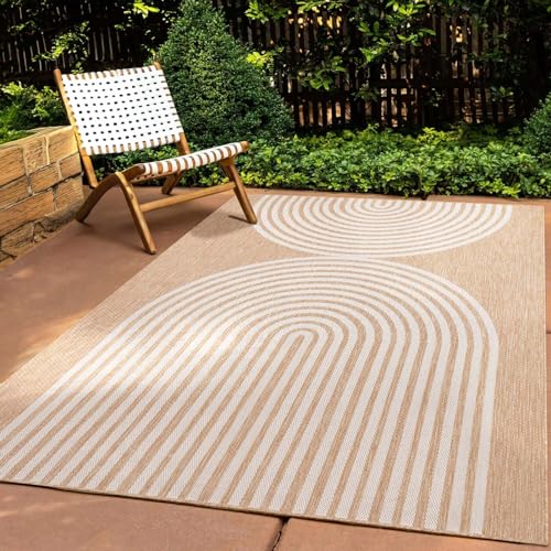 In & Outdoor Teppich Wetterfest Wohnzimmer Balkon Küchenteppich Terrassenteppich Flachgewebe Sisaloptik mit Muster Boho Kreise Natur beige 200x280 cm von Taracarpet