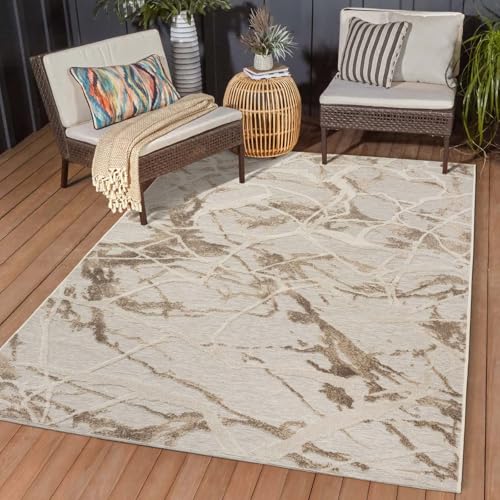 In & Outdoor Teppich Wetterfest Wohnzimmer Balkon Küchenteppich Terrassenteppich Flachgewebe mit Muster Marmor Optik grau 160x230 cm von Taracarpet