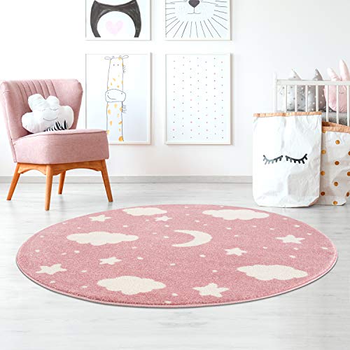 Kinderzimmerteppich Tara Kids Dreamland Sterne und Wolken Rosa Creme 120x120 cm rund von Taracarpet