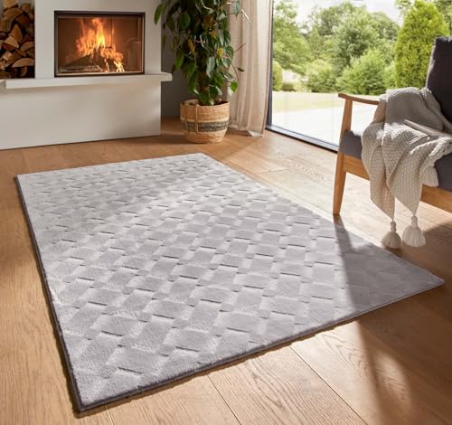 Kurzflor Boho Skandi Polyester Teppich in 3D Optik waschbar, pflegeleicht und robust ideal fürs Wohnzimmer, Schlafzimmer und Kinderzimmer auch als Badematte Grau karos kariert 200x290 cm von Taracarpet