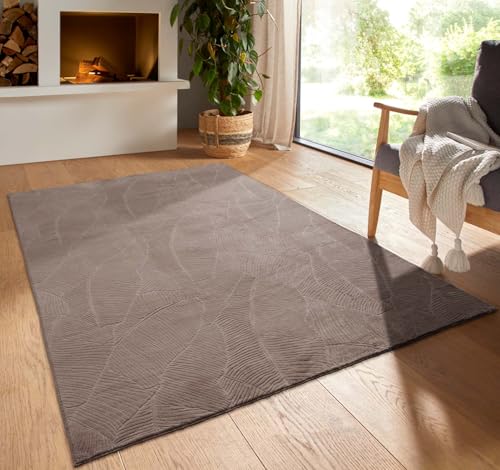 Kurzflor Boho Skandi Polyester Teppich in 3D Optik waschbar, pflegeleicht und robust ideal fürs Wohnzimmer, Schlafzimmer und Kinderzimmer auch als Badematte Taupe Blätter 050x080 cm von Taracarpet