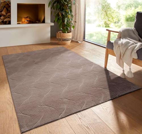 Kurzflor Boho Skandi Polyester Teppich in 3D Optik waschbar, pflegeleicht und robust ideal fürs Wohnzimmer, Schlafzimmer und Kinderzimmer auch als Badematte Taupe Düne 120 cm rund von Taracarpet