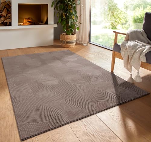 Kurzflor Boho Skandi Polyester Teppich in 3D Optik waschbar, pflegeleicht und robust ideal fürs Wohnzimmer, Schlafzimmer und Kinderzimmer auch als Badematte Taupe Wellen 200x290 cm Kurzflor Boho Skandi Polyester Teppich in 3D Optik waschbar, pflegeleicht und robust ideal fürs Wohnzimmer, Schlafzimmer und Kinderzimmer auch als Badematte Taupe Wellen 200x290 cm von Taracarpet