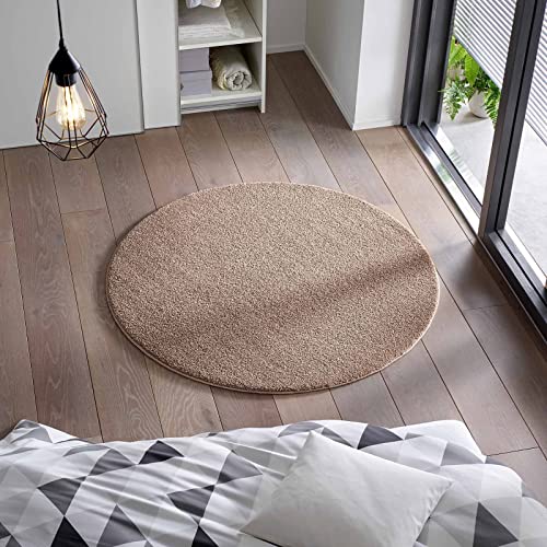 Kurzflor Flachgewebe Teppich für Wohnzimmer, Kinderzimmer und Schlafzimmer Einfarbig Uni Taupe Braun 120 cm rund von Taracarpet