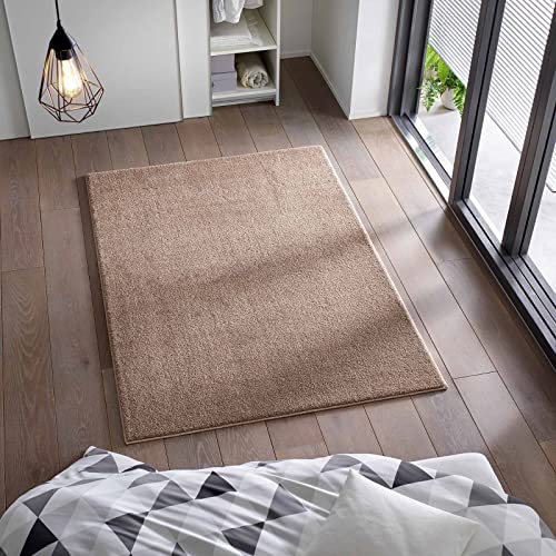 Kurzflor Flachgewebe Teppich für Wohnzimmer, Kinderzimmer und Schlafzimmer Einfarbig Uni Taupe Braun 120x170 cm von Taracarpet