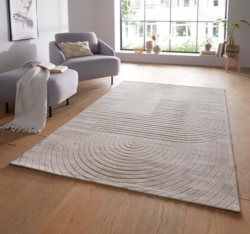 Moderner In & Outdoor Kurzflor Boho Skandi Designer Teppich mit 3D Effekt für Wohnzimmer Schlafzimmer und die Küche auch für Balkon und Terrasse geeignet beige 160x230 cm von Taracarpet