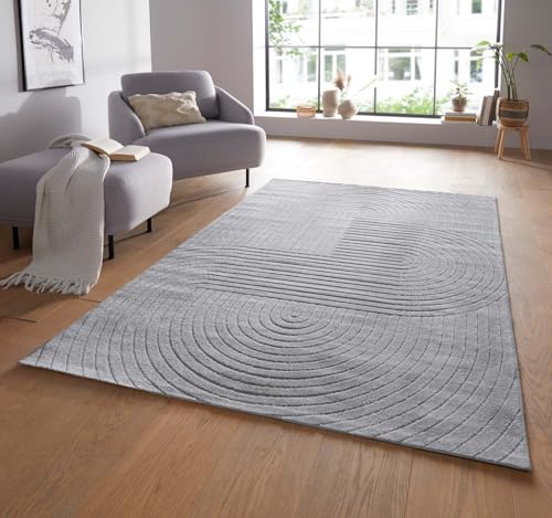 Moderner In & Outdoor Kurzflor Boho Skandi Designer Teppich mit 3D Effekt für Wohnzimmer Schlafzimmer und die Küche auch für Balkon und Terrasse geeignet grau 240x340 cm von Taracarpet