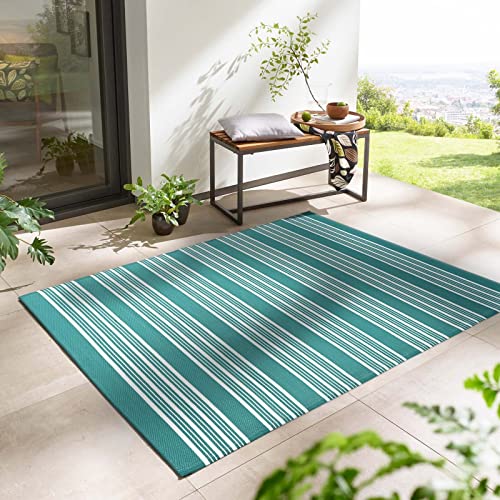 Outdoor Kurzflor Teppich Santa Monica wetterfest, wasserfest, rechteckig, Höhe: 3 mm, Balkon Garten Terrasse Camping Wintergarten Petrol gestreift 120x170 cm von Taracarpet