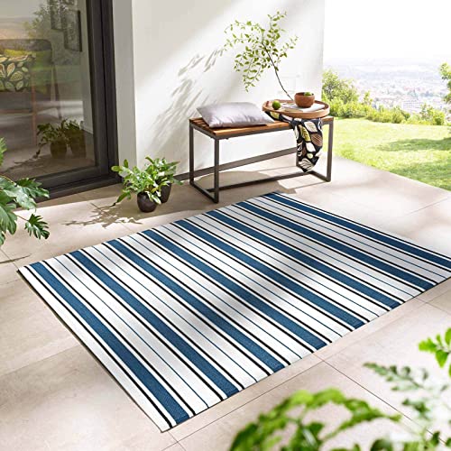 Outdoor Kurzflor Teppich Santa Monica wetterfest, wasserfest, rechteckig, Höhe: 3 mm, Balkon Garten Terrasse Camping Wintergarten blau gestreift 120x170 cm von Taracarpet