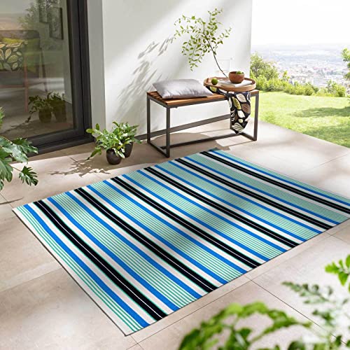 Outdoor Kurzflor Teppich Santa Monica wetterfest, wasserfest, rechteckig, Höhe: 3 mm, Balkon Garten Terrasse Camping Wintergarten blau-grün gestreift 120x170 cm von Taracarpet