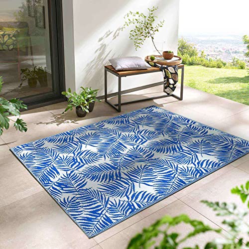 Outdoor Kurzflor Teppich Santa Monica wetterfest, wasserfest, rechteckig, Höhe: 3 mm, Balkon Garten Terrasse Camping Wintergarten blau-weiß Palme 160x230 cm von Taracarpet