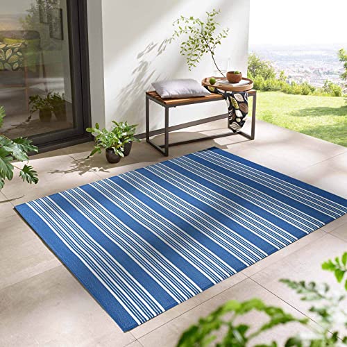 Outdoor Kurzflor Teppich Santa Monica wetterfest, wasserfest, rechteckig, Höhe: 3 mm, Balkon Garten Terrasse Camping Wintergarten dunkelblau gestreift 140x200 cm von Taracarpet