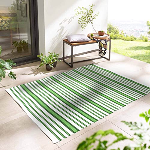 Outdoor Kurzflor Teppich Santa Monica wetterfest, wasserfest, rechteckig, Höhe: 3 mm, Balkon Garten Terrasse Camping Wintergarten grün gestreift 140x200 cm von Taracarpet