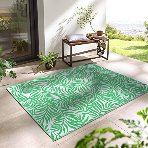 Outdoor Kurzflor Teppich Santa Monica wetterfest, wasserfest, rechteckig, Höhe: 3 mm, Balkon Garten Terrasse Camping Wintergarten hellgrün Palme 120x170 cm von Taracarpet