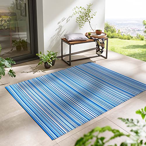 Outdoor Kurzflor Teppich Santa Monica wetterfest, wasserfest, rechteckig, Höhe: 3 mm, Balkon Garten Terrasse Camping Wintergarten türkis-blau gestreift 140x200 cm von Taracarpet