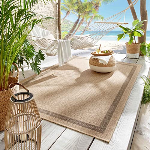 Outdoor & Indoor Teppich für Wohnzimmer Balkon Terrasse wetterfest Borneo Sisal-Jute-Optik naturfarben Natur Bordüre 120x170 cm von Taracarpet