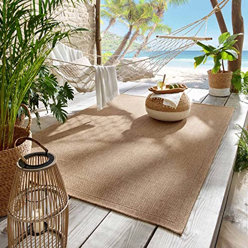 Outdoor & Indoor Teppich für Wohnzimmer Balkon Terrasse wetterfest Borneo Sisal-Jute-Optik naturfarben Natur Fischgrät 067x180 cm von Taracarpet