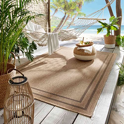 Outdoor & Indoor Teppich für Wohnzimmer Balkon Terrasse wetterfest Borneo Sisal-Jute-Optik naturfarben beige Bordüre schwarz 080x150 cm von Taracarpet