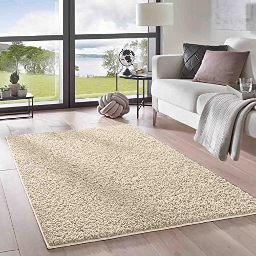 Taracarpet Shaggy-Teppich Hochflor Langflor waschbar ideal für Wohnzimmer, Schlafzimmer und das Kinderzimmer sehr weich und einfarbig Uni Creme 060x090 cm von Taracarpet