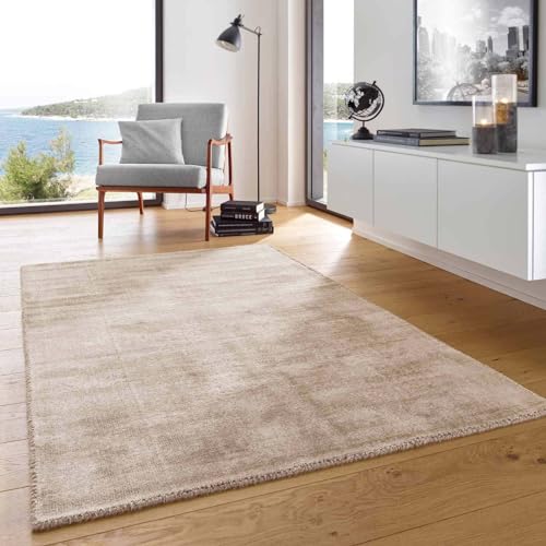 Skanidi Boho Teppich Kurzflor Vanessa Hand-Web-Teppich strapazierfähiger nachhaltiger Viskoseteppich Handarbeit edel glänzend Viskose fürs Wohnzimmer, Esszimmer und Schlafzimmer beige 120x170 cm von Taracarpet