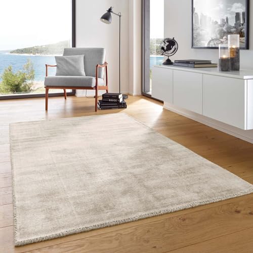 Skanidi Boho Teppich Kurzflor Vanessa Hand-Web-Teppich strapazierfähiger nachhaltiger Viskoseteppich Handarbeit edel glänzend Viskose fürs Wohnzimmer, Esszimmer und Schlafzimmer creme 080x150 cm von Taracarpet