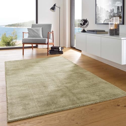 Skanidi Boho Teppich Kurzflor Vanessa Hand-Web-Teppich strapazierfähiger nachhaltiger Viskoseteppich Handarbeit edel glänzend Viskose fürs Wohnzimmer, Esszimmer und Schlafzimmer grün 080x150 cm von Taracarpet