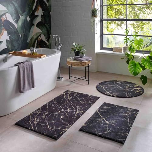 Taracarpet Badematte Badteppich für das Badezimmer waschbar in der Waschmachine Blitz Marmor Abstrakt Muster schwarz-Gold 080 cm rund von Taracarpet