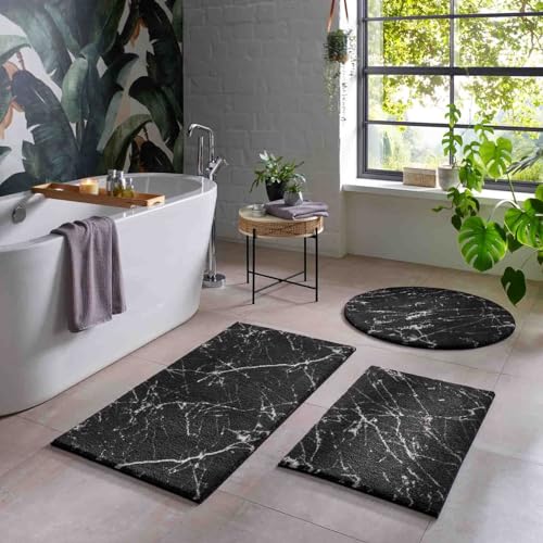 Taracarpet Badematte Badteppich für das Badezimmer waschbar in der Waschmachine Blitz Marmor Abstrakt Muster schwarz-weiß 120x170 cm von Taracarpet