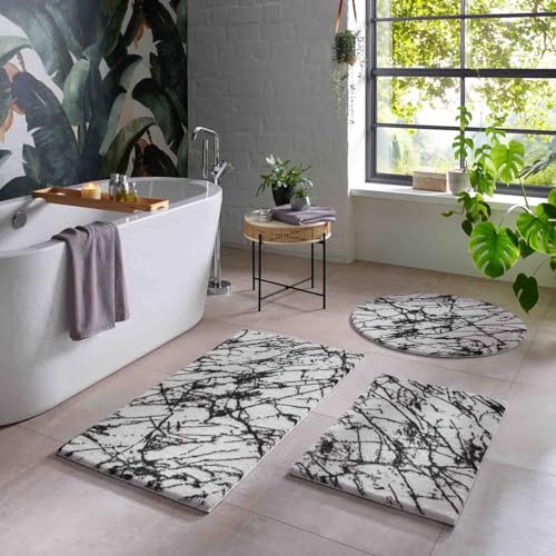 Taracarpet Badematte Badteppich für das Badezimmer waschbar in der Waschmachine Blitz Marmor Abstrakt Muster weiß-schwarz 050x080 cm von Taracarpet