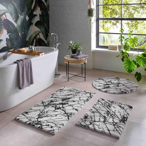 Taracarpet Badematte Badteppich für das Badezimmer waschbar in der Waschmachine Blitz Marmor Abstrakt Muster weiß-schwarz 060x120 cm von Taracarpet
