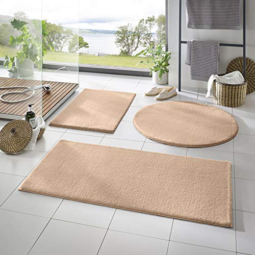 Taracarpet Badematte Fiona rutschfest waschbar Badezimmerteppich sehr weich und als Set kombinierbar Uni beige 080 cm rund von Taracarpet