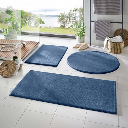 Taracarpet Badematte Fiona rutschfest waschbar Badezimmerteppich sehr weich und als Set kombinierbar Uni dunkel blau 080 cm rund von Taracarpet