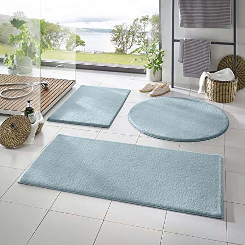 Taracarpet Badematte Fiona rutschfest waschbar Badezimmerteppich sehr weich und als Set kombinierbar Uni hellblau 050x080 cm von Taracarpet