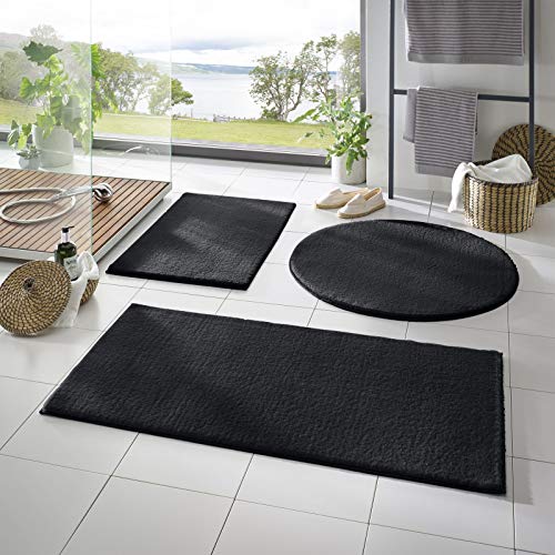 Taracarpet Badematte Fiona rutschfest waschbar Badezimmerteppich sehr weich und als Set kombinierbar Uni schwarz 050x080 cm von Taracarpet