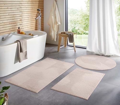 Taracarpet Badematte Homestyle rutschfest waschbar Badezimmerteppich Bad-Vorleger, WC Deko, Duschvorleger für Dusche und Badewannen sehr weich und als Set kombinierbar Beige Wellen 060x120 cm von Taracarpet